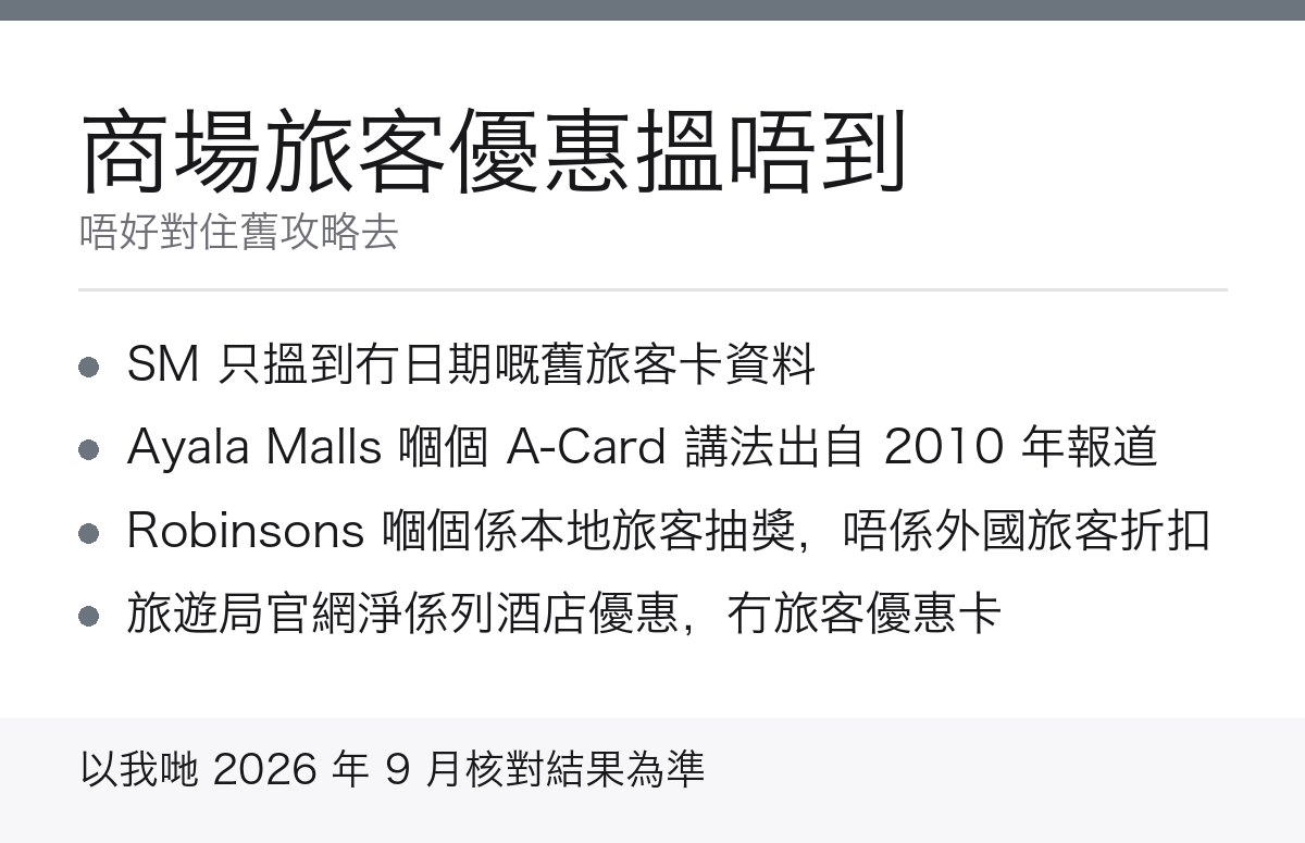 菲律賓商場旅客優惠核對結果