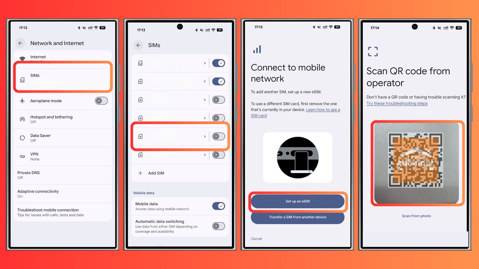 Android 安裝 eSIM 四步教學:SIMs → 新增 eSIM → 掃描 QR Code → 完成