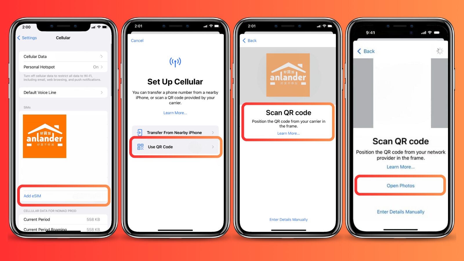 iPhone 安裝 eSIM 四步教學:加入 eSIM → 使用 QR 碼 → 掃描 → 完成